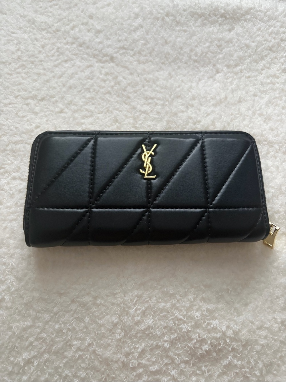 Yves Saint Laurent Black Quilted Zip Wallet with Gold YSL Logo